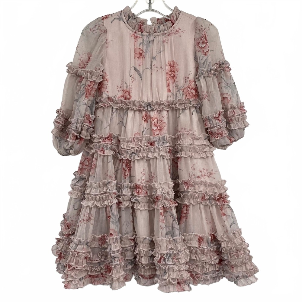 Ivy City Pink Gray Floral Ruffle Dress Long A-Line | Kids 2T